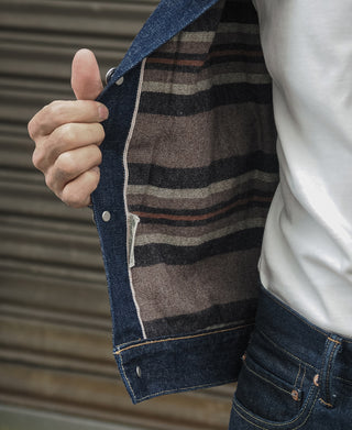Indigo denim jacket with blanket-lined interior opening and snap button closure