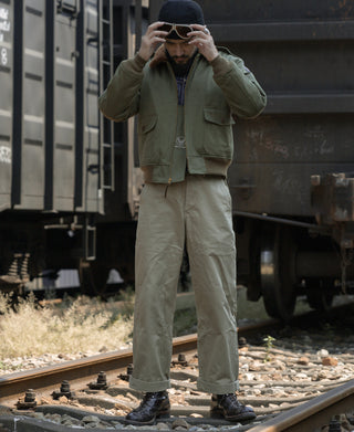 USAAF Type B-10 flight jacket in olive with brown shearling collar, worn