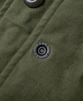 Olive field jacket snap button closure detail
