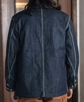 Indigo denim jacket back view with center seam, yoke panel, and gold snaps