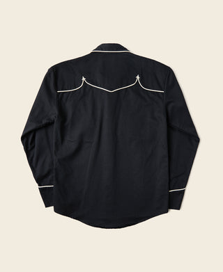 Black western shirt back view with white curved embroidery across shoulders