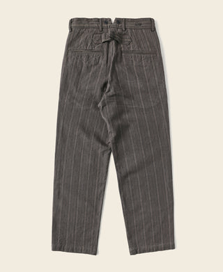 Dark gray pinstripe pants with pleated front and belt loops