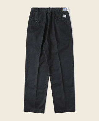Black straight-leg work pants with waistband button and side pocket