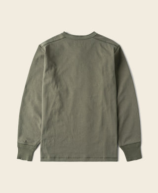 Light olive long-sleeve henley shirt with crew neck, plain back