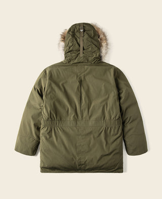 Olive down parka with faux fur hood, full front zip, and adjustable drawcord hem