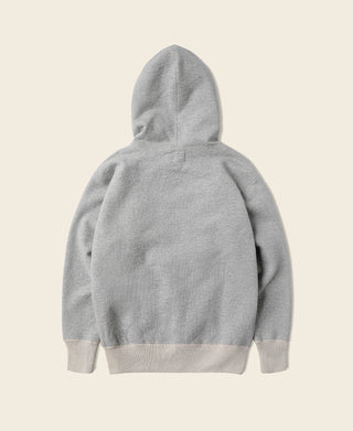Gray pullover hoodie with attached hood, back view
