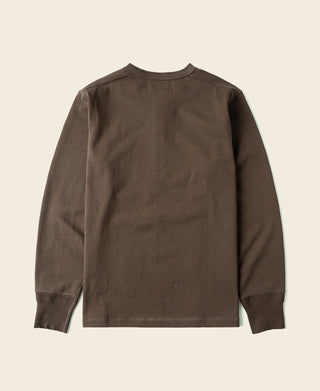 Coffee-brown long-sleeve henley shirt, crew neckline with clean back hem