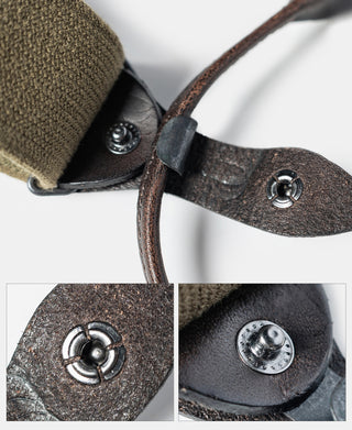 Brown leather-look suspender connector with metal button and loop hardware