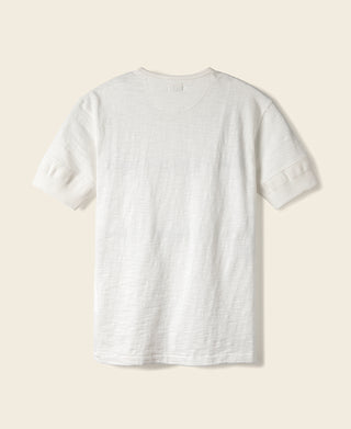Loopwheel tubular henley t-shirt in white, short sleeves, crew neckline