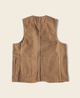 Khaki canvas hunting vest with two front flap pockets and button front