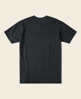 Vintage black slub cotton crew-neck T-shirt with chest pocket, short sleeves