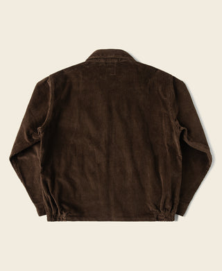 Brown corduroy zip-up jacket, back view, with ribbed collar and full-length zipper.