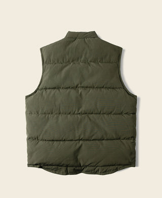 Olive quilted padded vest, sleeveless with zip-front and back seams
