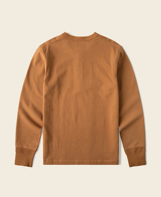 Vintage long-sleeve henley shirt, dark orange back view with ribbed crew neckline