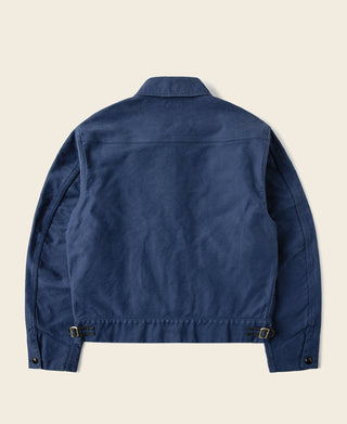 Men's blue moleskin Cossack jacket back view with snap tabs at hem
