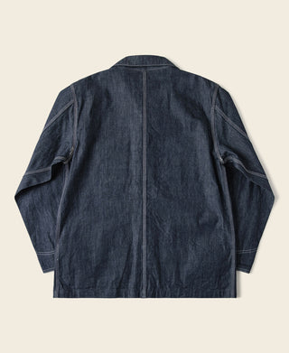 Indigo denim jacket back view with center seam and structured shoulders