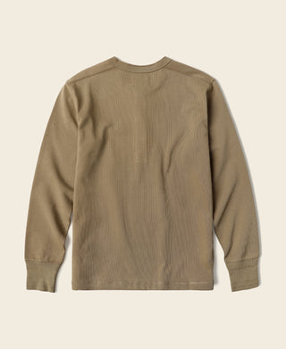 Khaki long-sleeve henley shirt, back view with ribbed collar and cuffs