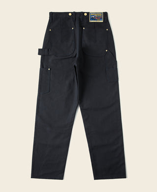Navy canvas double-knee work pants with multiple pockets and belt loops