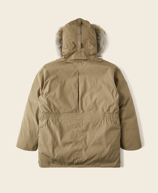 Khaki polar down parka with back yoke seam and faux fur hood trim