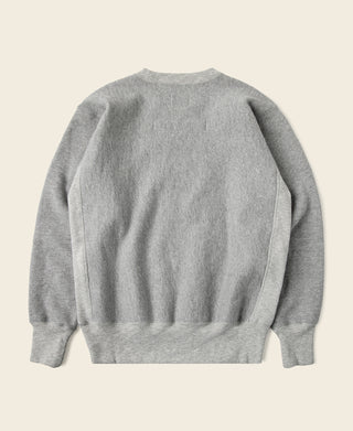 Gray crewneck sweatshirt, back view with ribbed hem and cuffs