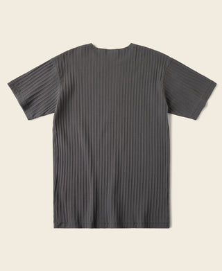 Dark gray ribbed knit T-shirt, crew neck and short sleeves, back view