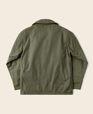 Olive AL-1 flight jacket back view with stand collar and relaxed fit
