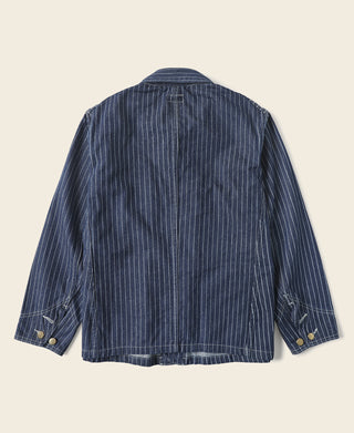 Indigo pinstripe work coat back view with yoke seam and button cuffs