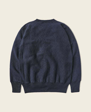 Navy reverse weave sweatshirt back view with ribbed crew neck and hem