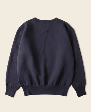 Navy crewneck V-inset ski sweater, plain back with ribbed hem and cuffs