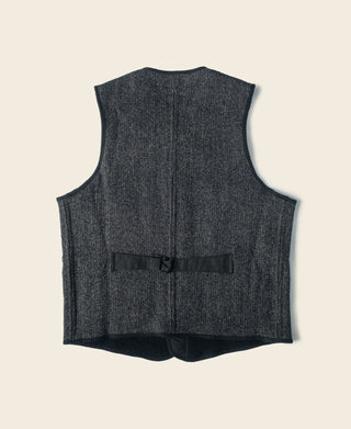 Back view of dark salt-and-pepper wool vest, sleeveless