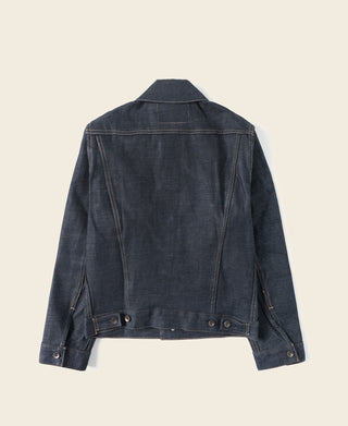 Indigo denim jacket back view with yoke seam and metal button details