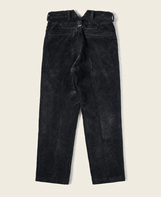 Black corduroy work pants, straight leg fit, front button closure at waistband.