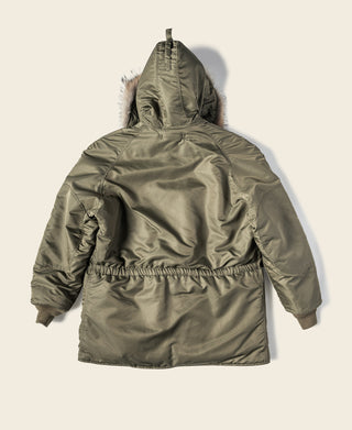 Olive Type N-3 parka back view with fur-trimmed hood and ribbed waist