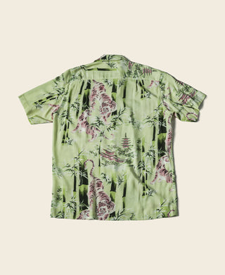 Light green aloha shirt back, tiger and bamboo pattern, short sleeves