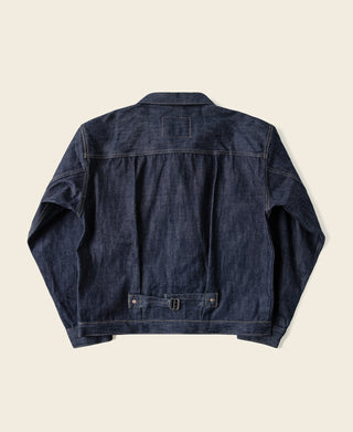 WWII Type 1 selvedge denim jacket, dark indigo, back view with buttoned waist tabs