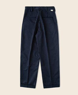 Navy pinstripe mechanic work pants with belt loops and button fly