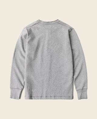 Gray long-sleeve henley shirt, back view with ribbed neckline and cuffs