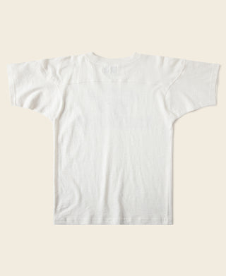 White drop-shoulder T-shirt back view, plain crew neck