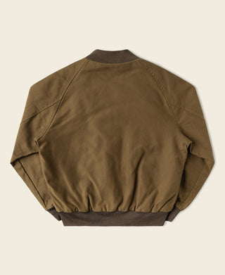 Brown bomber jacket back view with ribbed hem and full-zip front.