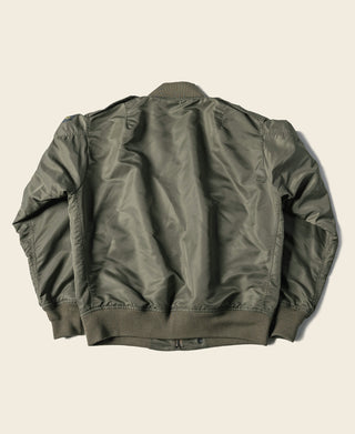 Olive bomber flight jacket, ribbed hem and cuffs, back view