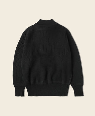 Black wool sweater with high neck and ribbed knit cuffs, back view