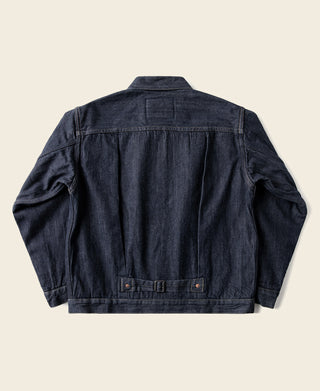 Indigo denim Type 1 jacket with button front and blanket lining, relaxed back view