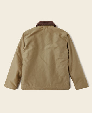 Khaki deck jacket with brown sherpa collar, back view with seam detailing