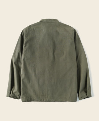Olive utility jacket back view with relaxed fit and buttoned placket