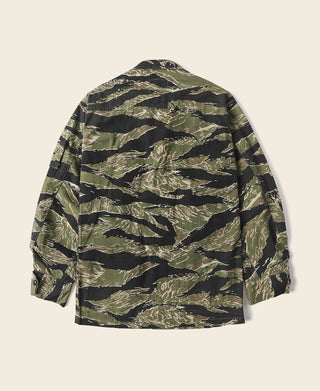 Camo fatigue jacket back view with tiger stripe pattern and long sleeves.