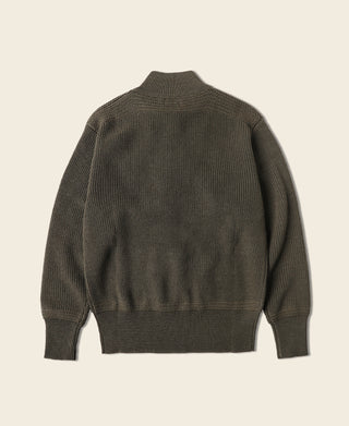 Olive wool high-neck sweater with ribbed collar and cuffs