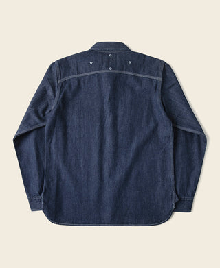 Dark blue denim workshirt back view with yoke and snap-button top