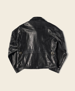 Black goatskin leather Cossack jacket back view with waist belt straps