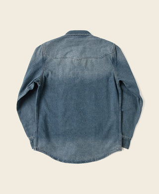 Blue slub denim western shirt with pointed yoke and long sleeves, back view