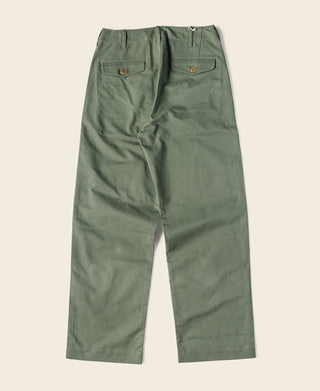 Olive officer-style trousers with rear pockets and center back seam, button closure waistband